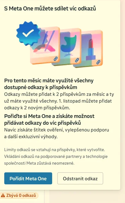 Hláška Meta Business Suite: využité všechny dostupné odkazy k příspěvkům, nabídka Meta One